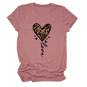 Detail of dusty pink crew neck T-shirt featuring leopard print heart and love script print