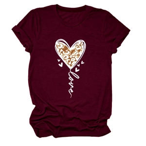 Detail of burgundy T-shirt showing leopard print heart and artistic Love text print