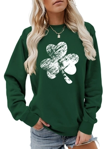 Detail of green long sleeve sweatshirt with distressed white clover print design