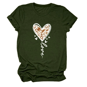 Detail of dark green t-shirt featuring leopard print heart and artistic love lettering