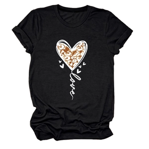 Close-up of black T-shirt featuring leopard print heart and Love calligraphy detail