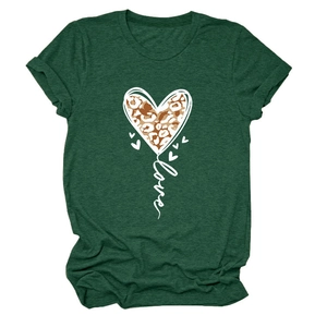 Close-up of leopard print heart and love lettering on dark green cotton t-shirt