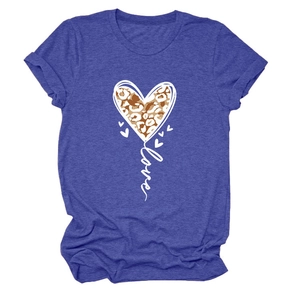 Detailed view of heart leopard print and love script on dark blue crew neck t-shirt