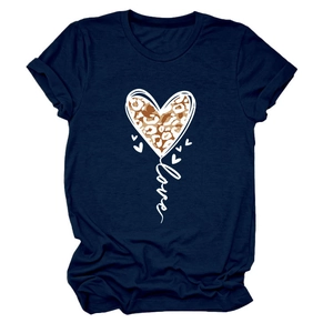 Detail of navy blue round neck T-shirt with leopard print heart and Love text
