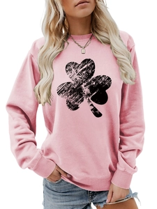 Pink crew neck sweatshirt with vintage clover print, ribbed cuffs and detailed fabric texture