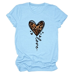 Women casual light blue crew neck T-shirt featuring leopard heart and love print