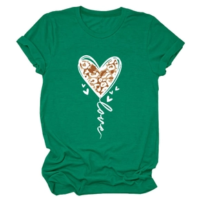 Detail of leopard print heart and love lettering on dark green cotton T-shirt
