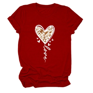 Detail of red crew neck t-shirt featuring leopard print heart and Love calligraphy print