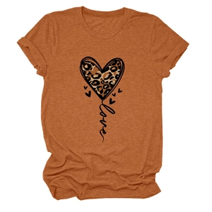Close-up of rust red cotton t-shirt featuring leopard heart print and Love lettering detail