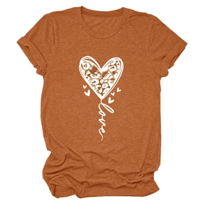 Macro view of caramel T-shirt featuring leopard heart print and love script detail