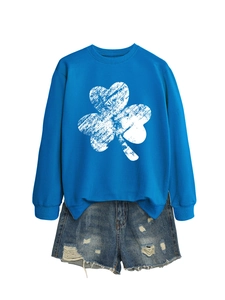 Close-up of cobalt blue sweatshirt featuring a white distressed clover print and crew neck