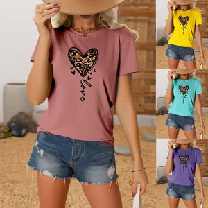 Women Cotton Blend T-Shirt Round Neck Short Sleeve Leopard Heart Love Print Casual Summer Loose Fit Top