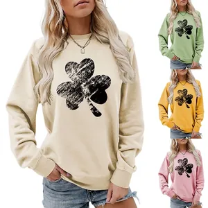 Women Pullover Sweatshirt Round Neck Long Sleeve Shamrock Print Cotton Blend Casual St Patricks Day Fashion