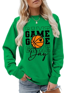 Detail of green Game Day sweatshirt featuring basketball heart print and ribbed cuffs