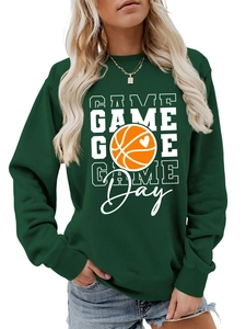 Detail of dark green sweatshirt with GAME DAY basketball heart print and ribbed cuffs