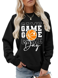 Detail of Game Day basketball print with white heart on black cotton blend sweatshirt