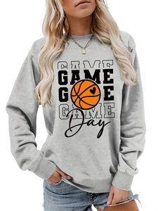 Close-up of gray crewneck sweatshirt with orange basketball and GAME DAY graphic