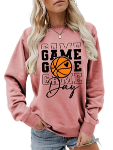Close-up of mauve basketball sweatshirt showing Game Day print and cotton texture