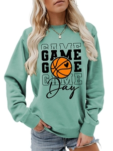 Detail of mint green pullover sweatshirt with Game Day basketball heart graphic print