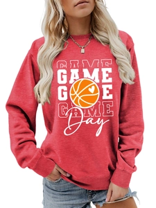Detail of red crewneck sweatshirt with vintage GAME DAY basketball heart graphic