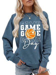 Detail of navy blue Game Day sweatshirt showing textured fabric and basketball print