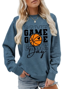 Detail of blue crewneck sweatshirt featuring a Game Day basketball heart print design