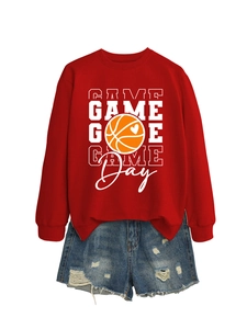 Flat lay of red Game Day sweatshirt and distressed blue denim shorts outfit for women