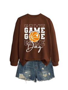 Brown crewneck sweatshirt with Game Day basketball print and distressed denim shorts