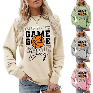 Women Round Neck Pullover Sweatshirt Cotton Blend Long Sleeve Game Day Basketball Heart Print Casual Sports Loose Top