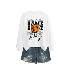 Women's Game Day basketball sweatshirt and distressed denim shorts set in white and blue