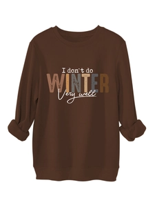 Macro detail of the high-quality letter print on this brown long-sleeve winter sweatshirt