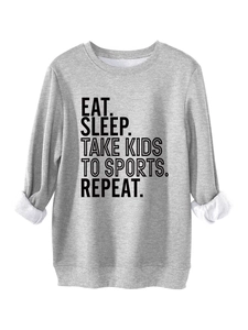 Detail of Eat Sleep Take Kids slogan print on grey fleece sweatshirt with ribbed cuffs