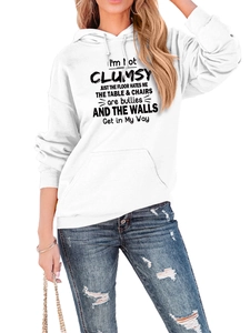 Close-up of a white hoodie featuring a kangaroo pocket and I'M NOT CLUMSY text print