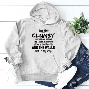 Flat lay of light grey hoodie with black humor text, drawstring hood and kangaroo pocket