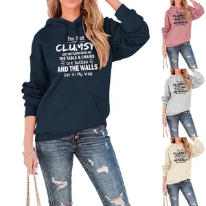 Women Humorous Slogan Hoodie Long Sleeve Cotton Blend Pullover Kangaroo Pocket Casual Streetwear
