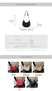 Detailed size specifications and color variants of the pleated PU leather crescent bag