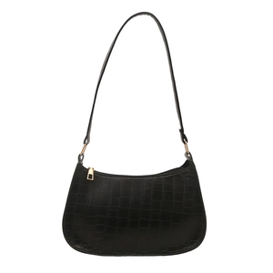 Classic black crocodile pattern handbag with gold zippers on a clean white background