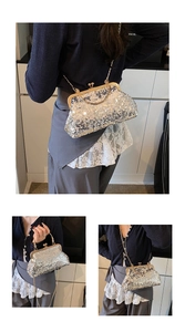 Detailed view of silver sequin shell bag with golden frame and detachable chain strap