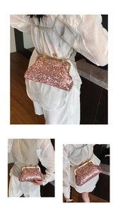 Three-way view of a pink sequin evening shell bag with gold chain and ring handle