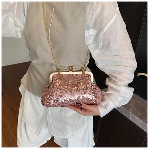 Detail of rose gold sequin shell bag with vintage gold metal clasp and chain strap