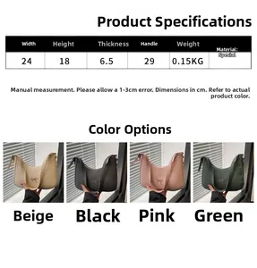 Size chart showing crescent bag dimensions 24x18x6.5cm and bow detail features