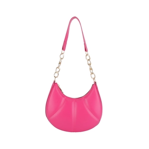 Chic fuchsia crescent shoulder bag with pleated shell texture and gold chain strap