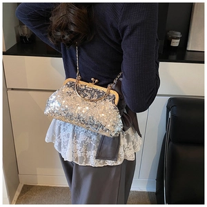 Silver sequin shell evening bag with gold metal handle and chain strap for women