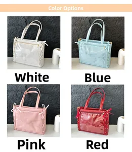 Detail view of the colorful bow tote bag colors: White, Blue, Pink and Red options