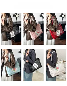 Collage of multi-color tote bags with ribbon details and transparent front pockets
