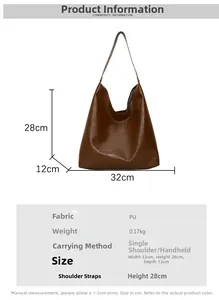 Detailed dimension guide for dark brown PU leather tote bag showing 32x28x12cm size