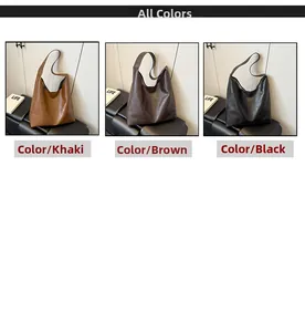 Detailed grid view showing large PU leather tote bags in khaki, brown, and black colors
