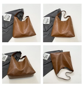Brown large tote bag made of soft vegan leather shown in multi-angle views for commuting