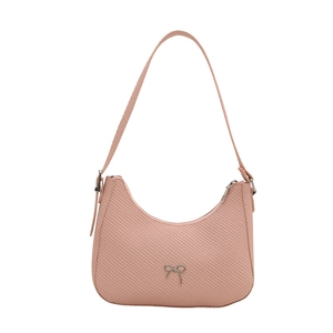 Pink crescent hobo shoulder bag with a silver bow decoration and woven texture