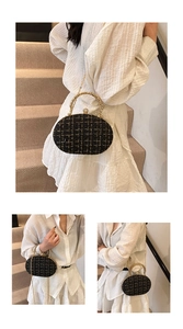 Detail of tweed checkered bag featuring sparkling rhinestone clasp and gold chain strap